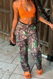 Multicolor Casual Print Pocket Buttons Patchwork Zipper Regular Low Waist Conventional Full Print Bottoms