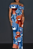 Orange Sexy Street Plaid Cartoon Print Flowers Slit Contrast Off Shoulder Printed Dresses