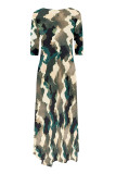 Army Green Casual Street Floral Print Gradient Pocket Contrast O Neck Irregular Dresses