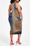 Dark Blue Casual Street Faux Denim Print Contrast O Neck Printed Plus Size Dresses