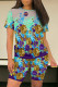 Purple Casual Street Flowers Chain print Contrast O Neck Short Sleeve Two Pieces