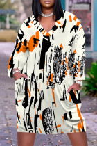 Apricot Casual Floral Print Pocket Contrast V Neck Printed Plus Size Dresses