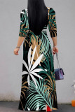 Baby Blue Street Elegant Floral Print Lace Up Contrast V Neck Printed Dresses