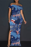Blue Sexy Street Faux Denim Print Slit Off Shoulder Printed Dresses