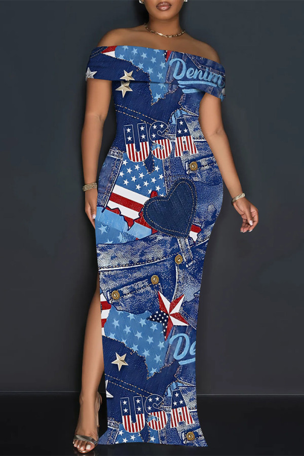 Navy Sexy Street Faux Denim Print Slit Off Shoulder Printed Dresses