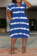 Blue Casual Striped Print Pocket Contrast V Neck Printed Plus Size Dresses
