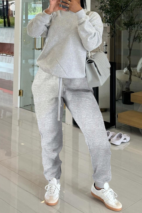 Grey Casual Solid Color Draw String Pocket Patchwork O Neck Long Sleeve Two Pieces