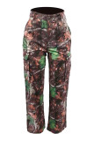 Multicolor Casual Print Pocket Buttons Patchwork Zipper Regular Low Waist Conventional Full Print Bottoms