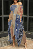 Multicolor Casual Street Faux Denim Print Pocket O Neck Irregular Dresses