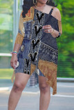 Blue Coffee Casual Street Faux Denim Print Irregular Contrast Sloping Shoulder Plus Size Two Pieces