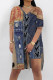 Dark Blue Casual Street Faux Denim Print Slit V Neck Short Sleeve Two Pieces