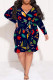 Navy Blue Sexy Floral Print Lace Up Ruffle V Neck Printed Plus Size Dresses