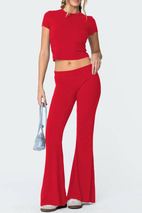 Red Casual Solid Color Patchwork O Neck Short Sleeve Two Pieces