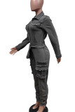 Dark Gray Street Solid Color Pocket Patchwork Strap Design Zipper Zipper Collar Long Sleeve Regular Denim Jumpsuits