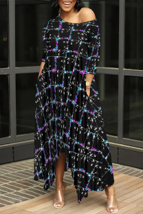 Black Casual Street Floral Print Gradient Pocket Contrast O Neck Irregular Dresses