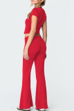 Red Casual Solid Color Patchwork O Neck Short Sleeve Two Pieces