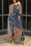 Multicolor Casual Street Faux Denim Print Pocket O Neck Irregular Dresses