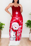 Deep Red Casual Snowflakes Snowman Print Contrast U Neck Printed Dresses