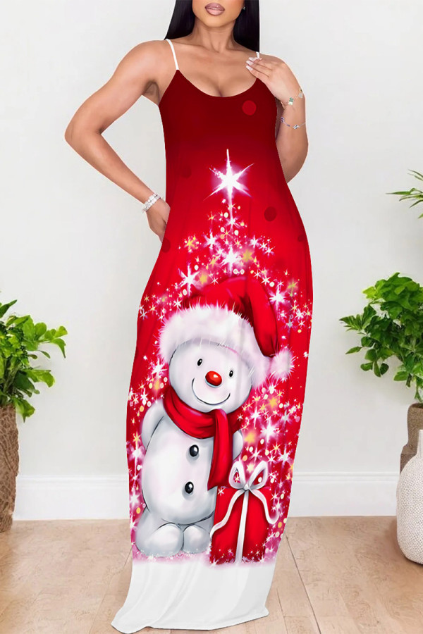 Deep Red Casual Snowflakes Snowman Print Contrast U Neck Printed Dresses