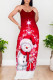 Deep Red Casual Snowflakes Snowman Print Contrast U Neck Printed Dresses