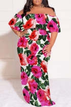 Rose Red Sexy Floral Print Ruffle Off Shoulder Printed Plus Size Dresses
