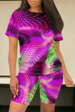 Multicolor Casual Daily Geometric Print Flowers Pocket Contrast O Neck Short Sleeve Two Pieces