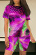 Purple Green Casual Daily Geometric Print Flowers Pocket Contrast O Neck Short Sleeve Two Pieces
