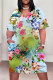 Sky Blue Casual Street Floral Print Pocket Contrast V Neck Printed Plus Size Dresses
