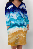 Black Yellow Casual Floral Print Pocket Contrast V Neck Printed Plus Size Dresses