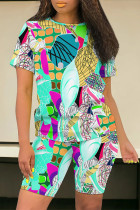 Cyan Casual Street Geometric Print Floral Print Contrast O Neck Short Sleeve Two Pieces