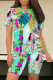 Cyan Casual Street Geometric Print Floral Print Contrast O Neck Short Sleeve Two Pieces