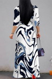 Baby Blue Street Elegant Floral Print Lace Up Contrast V Neck Printed Dresses