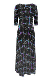 Army Green Casual Street Floral Print Gradient Pocket Contrast O Neck Irregular Dresses