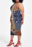 Dark Blue Casual Street Faux Denim Print Contrast O Neck Printed Plus Size Dresses