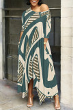 Army Green Casual Street Floral Print Gradient Pocket Contrast O Neck Irregular Dresses