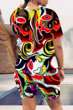Multicolor Casual Daily Geometric Print Flowers Pocket Contrast O Neck Short Sleeve Two Pieces