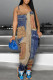 Blue Coffee Casual Street Faux Denim Print Pocket Contrast U Neck Boot Cut Jumpsuits