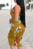 Green Sexy Street Santa Claus Santa Hats Print Contrast U Neck Printed Dresses