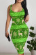 Green Sexy Street Santa Claus Santa Hats Print Contrast U Neck Printed Dresses