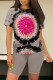 Khaki Casual Street Flowers Chain print Contrast O Neck Short Sleeve Two Pieces