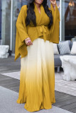 Earth Yellow Street Gradient Color Patchwork Strap Design V Neck Long Sleeve Two Pieces