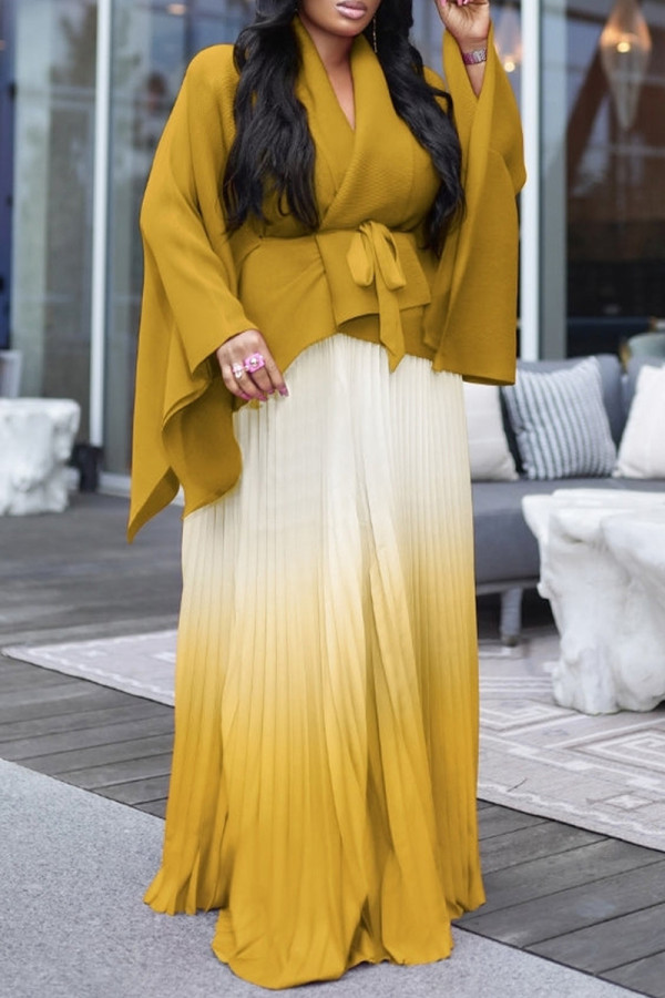 Earth Yellow Street Gradient Color Patchwork Strap Design V Neck Long Sleeve Two Pieces