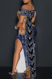 Blue Sexy Street Faux Denim Print Slit Off Shoulder Printed Dresses