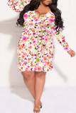 Apricot Sexy Floral Print Lace Up Ruffle V Neck Printed Plus Size Dresses