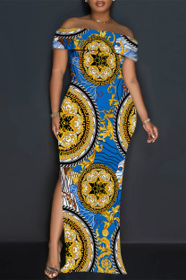 Dark Blue Sexy Street Plaid Cartoon Print Flowers Slit Contrast Off Shoulder Printed Dresses