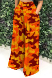 Blue Casual Street Geometric Print Camouflage Print Pocket Contrast Loose High Waist Wide Leg Full Print Bottoms