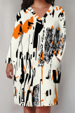 Black Yellow Casual Floral Print Pocket Contrast V Neck Printed Plus Size Dresses