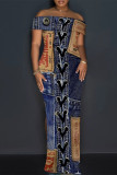 Blue Sexy Street Faux Denim Print Slit Off Shoulder Printed Dresses