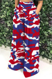 Blue Casual Street Geometric Print Camouflage Print Pocket Contrast Loose High Waist Wide Leg Full Print Bottoms