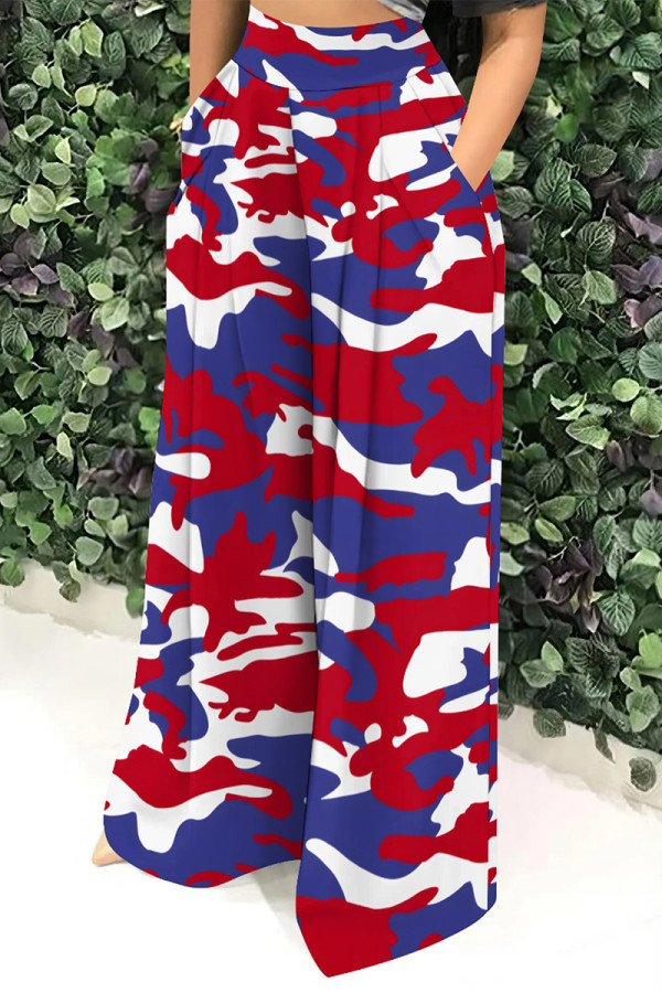 Red Blue Casual Street Geometric Print Camouflage Print Pocket Contrast Loose High Waist Wide Leg Full Print Bottoms